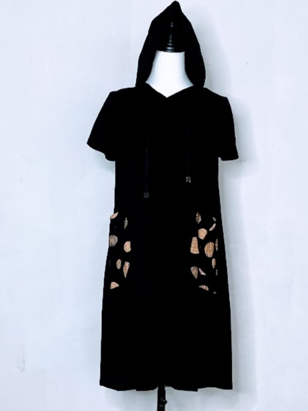 @0015 95% Cotton Black casual A-line hooded dress